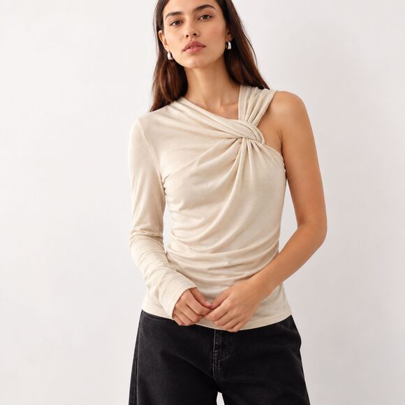Zara Tops - Zara NWT Size S Beige One Shoulder Twist Knot Long Sleeve Knit Top